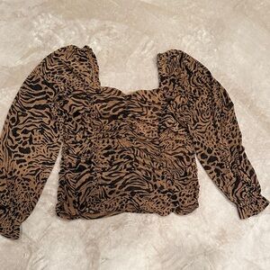 Jane and Delancey XL Wild Print Puff-Sleeve Square Neck Top - Brown/Black